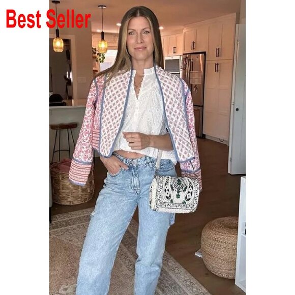 Cropped Floral Puffer Jacket Lightweight Quilted Open Front Chic Cardigan - Picture 4 of 7